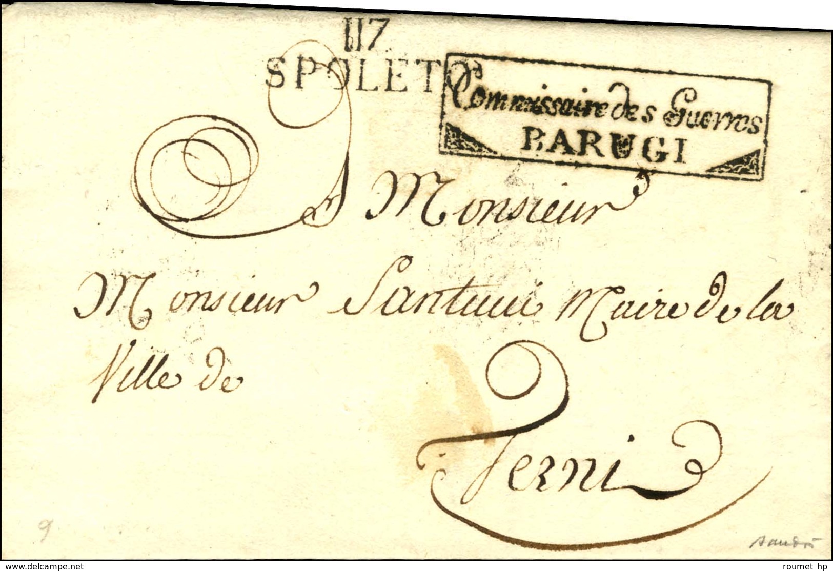 117 / SPOLETO Sur Lettre Avec Texte Daté 1811. Au Recto, Marque De Franchise Encadrée Commissaire Des Guerres / BARUGI.  - 1792-1815: Départements Conquis