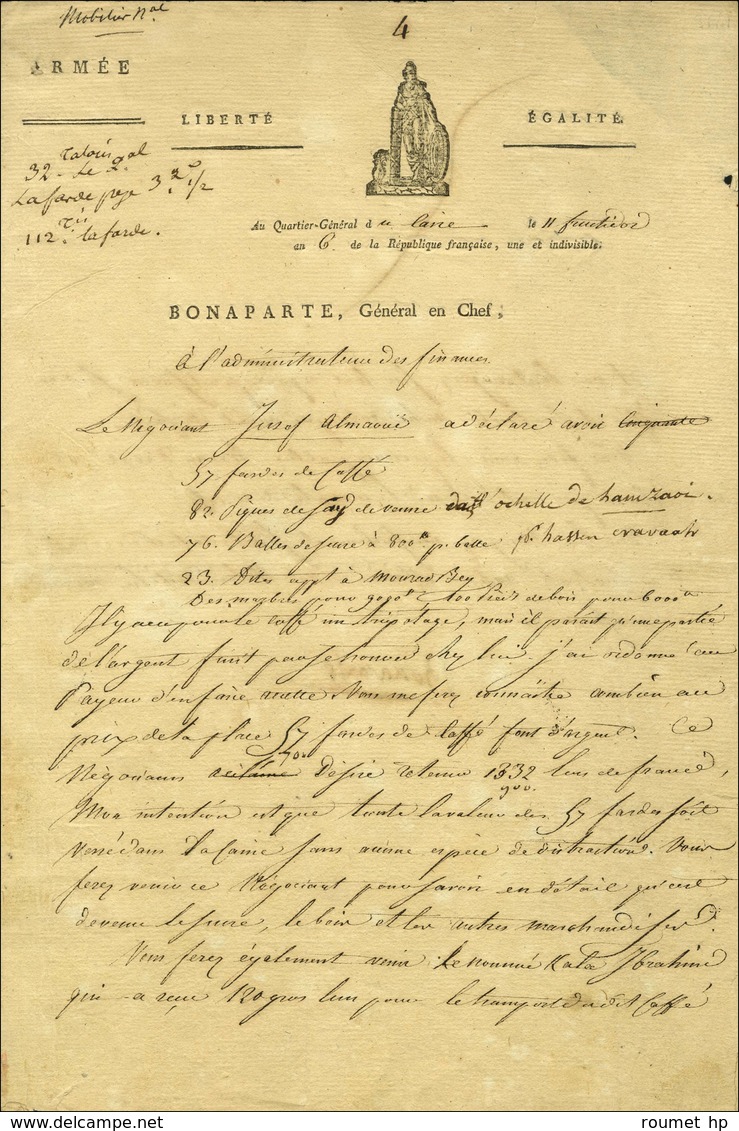 Lettre à En-tête De Bonaparte, Général En Chef Datée '' Au Quartier Général Du Caire Le 11 Fructidor An 6 '', Signée Bon - Marques D'armée (avant 1900)