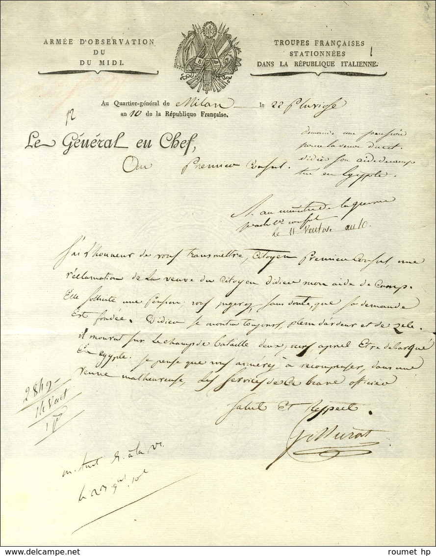 Lettre à En-tête De L'Armée D'Observation Du Midi Daté '' Au Quartier Général De Milan Le 22 Pluviôse An 10 '' Signée J. - Army Postmarks (before 1900)