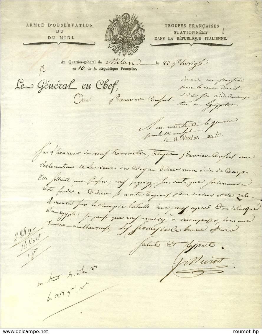 Lettre à En-tête De L'Armée D'Observation Du Midi Daté '' Au Quartier Général De Milan Le 22 Pluviôse An 10 '' Signée J. - Marques D'armée (avant 1900)