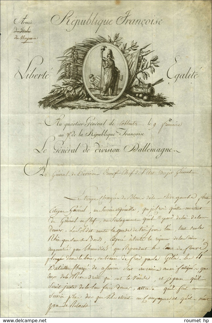 Lettre Avec Superbe Vignette De L'Armée De Mayence Datée '' Au Quartier Général De Coblence Le 9 Frimaire An 7 ''. - SUP - Marques D'armée (avant 1900)