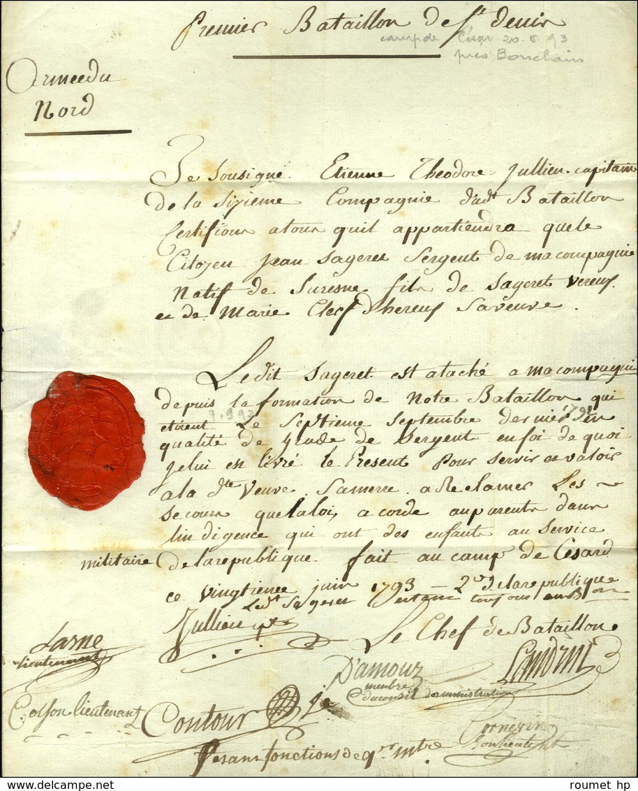 ARMEE DU NORD (R) (40 Mm) Sur Lettre Avec Texte Daté Du Camp De Cesard Ce 20 Juin 1793 Avec Nombreuses Signatures. - TB. - Marques D'armée (avant 1900)