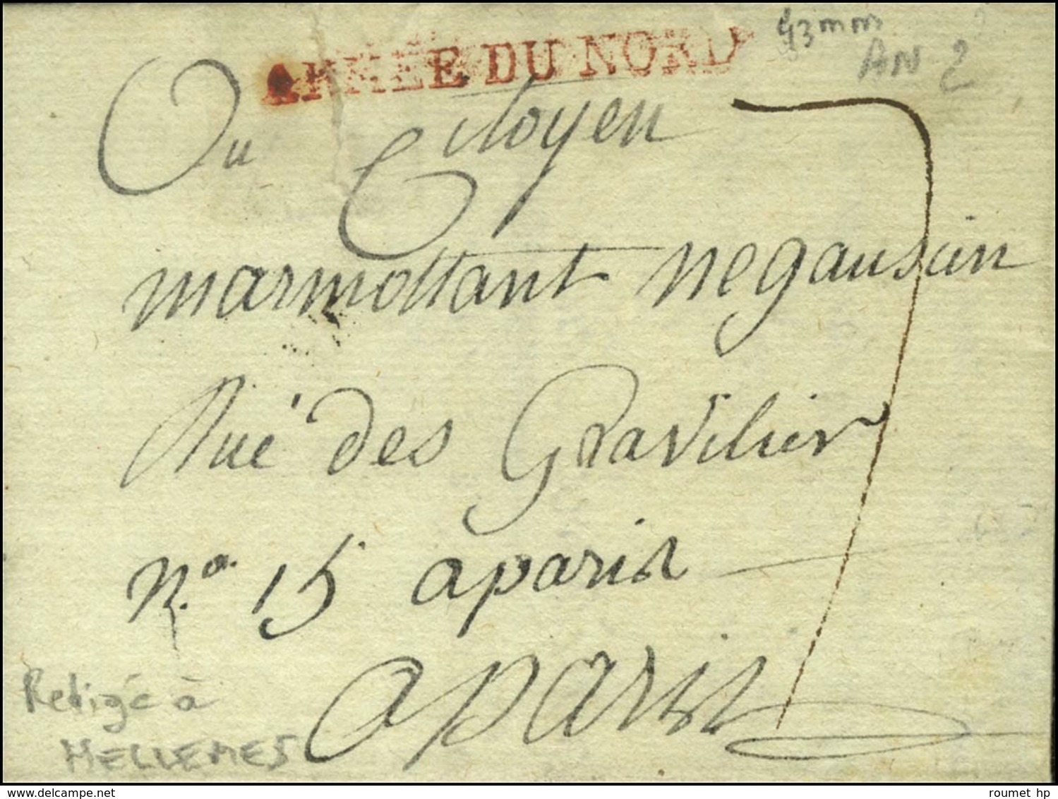 ARMEE DU NORD (R) (43 Mm) Sur Lettre Avec Texte Daté De Hellemmes Le 12 Floréal An 2. - TB. - Marques D'armée (avant 1900)