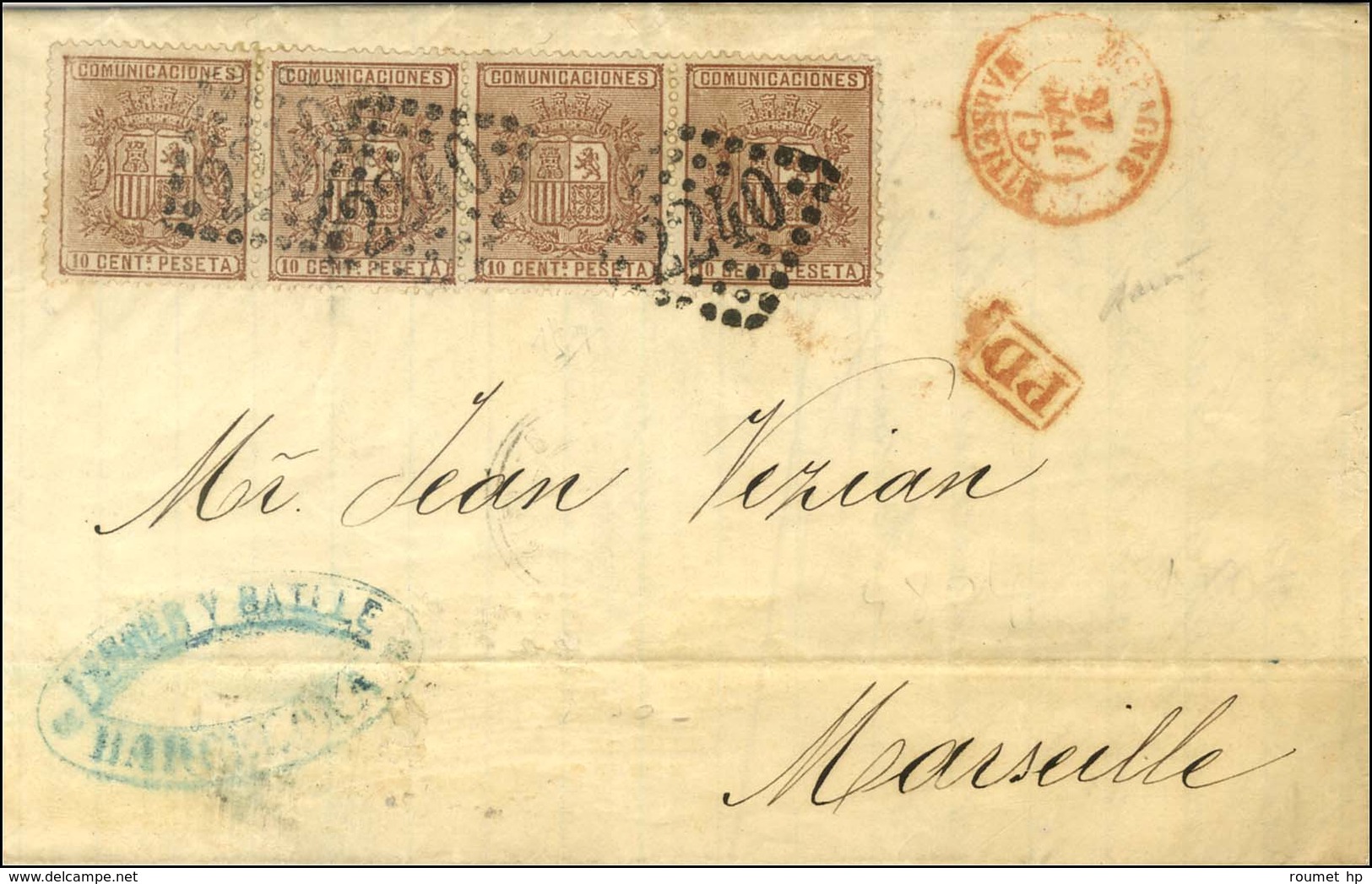 GC 2240 / TP Esp. 10c Bande De 4 Sur Lettre De Barcelone Pour Marseille, Au Recto Càd D'entrée Rouge ESPAGNE / MARSEILLE - Autres & Non Classés