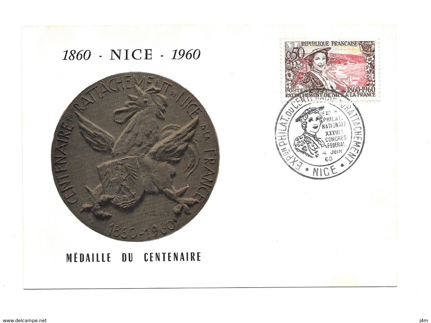 CARTE TIMBRE..Exp. Philatélique Du Centenaire Rattachement NICE ( 1860-1960).. Médaille Du Centenaire - 1960-1969