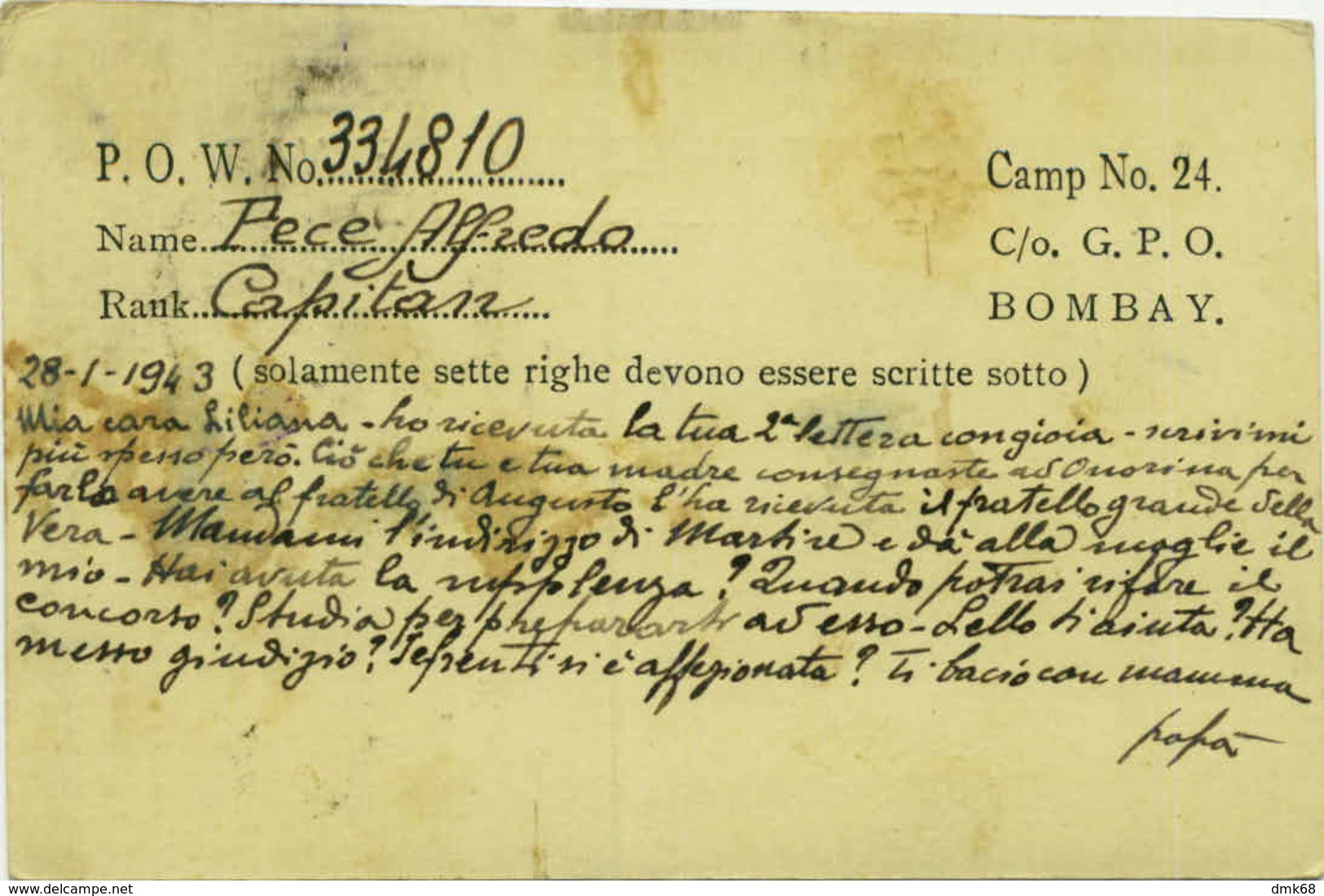 WWII - PRISONERS OF WAR - CAMP. N. 24 C/0 G.P.O. BOMBAY - INDIA - TO ITALY - POSTMARK  CENSURA POSTA ESTERA ( BG1227) - Guerre 1939-45