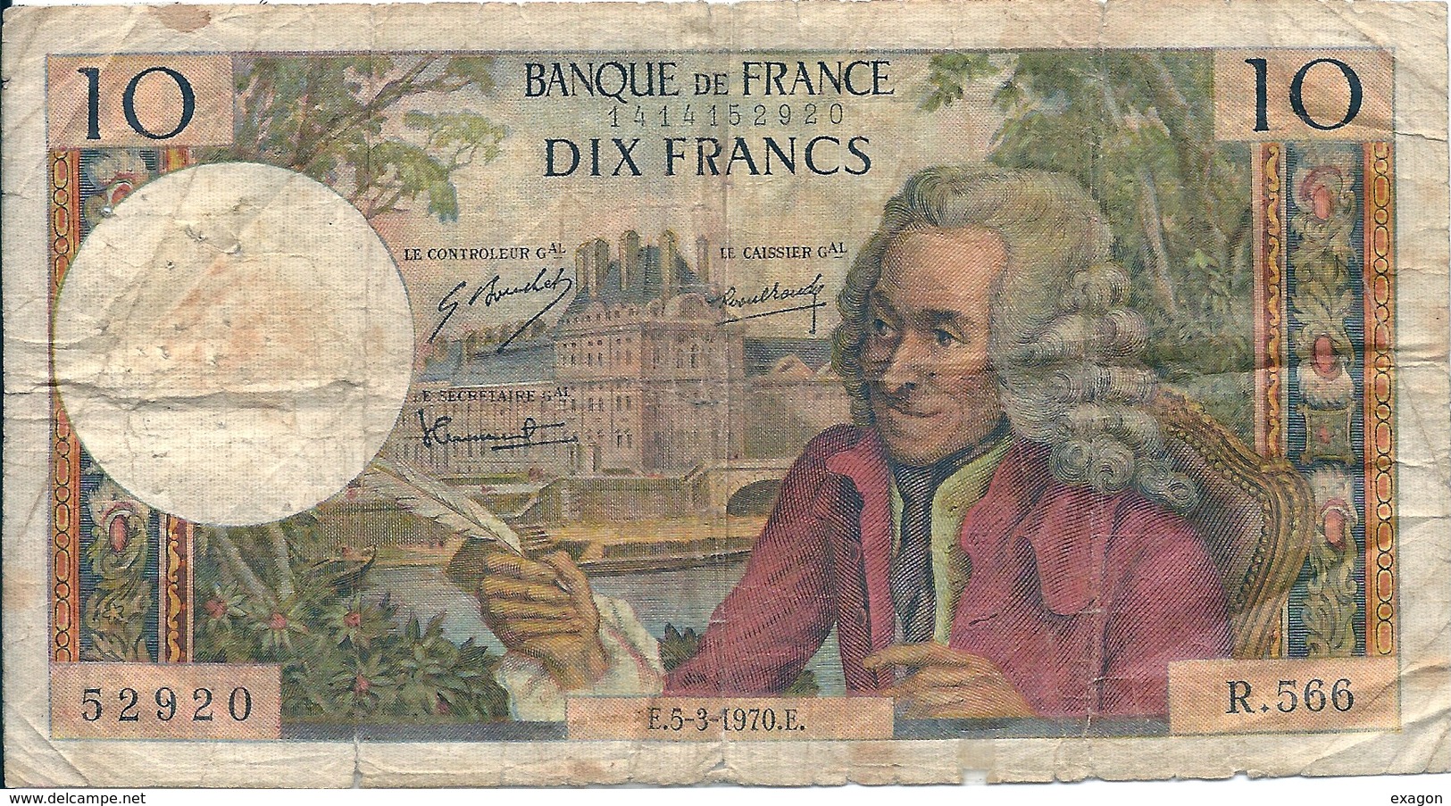 N. 1 Banconota - BANQE  DE  FRANCE  -  FRANCHI 10  - "VOLTAIRE" -  Anno 1970 - 10 F 1941-1949 ''Mineur''