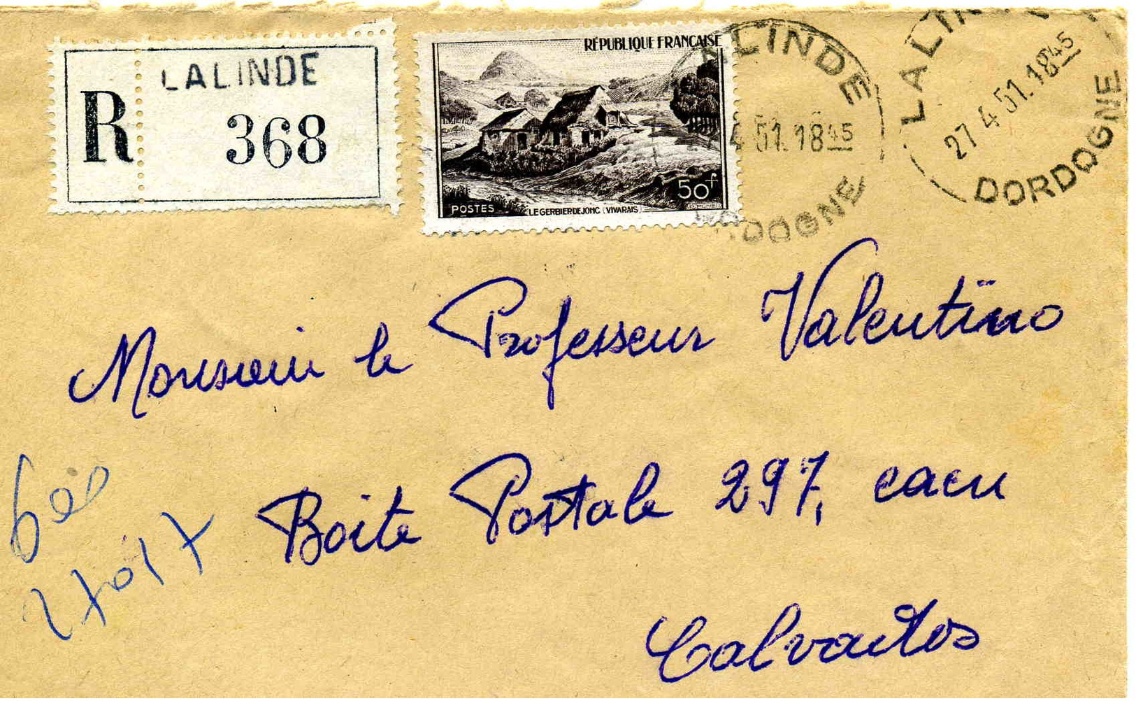 DORDOGNE: Yv 843 / LSC Horoplan Lalinde De 1951 Pour Caen TB - 1921-1960: Période Moderne