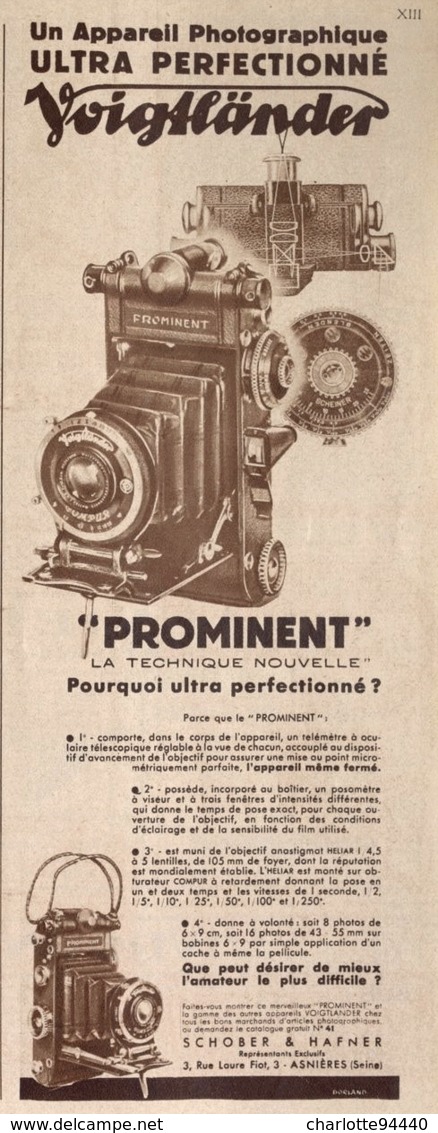 PUB  APPAREIL PHOTOGRAPHIQUE  ( PROMINENT ) " VOIGTLANDER "   1934 - Cameras