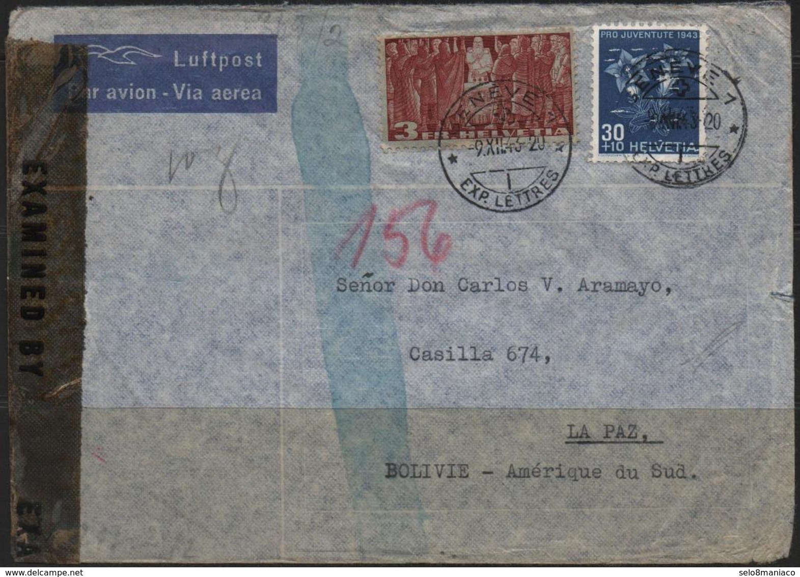 C3437-Switzerland-Double Censored Airmail Cover From Geneva To La Paz, Bolivia-1943 - Covers & Documents