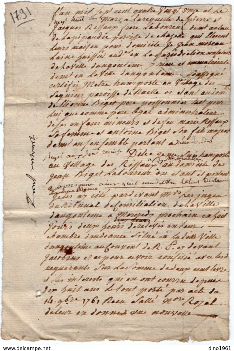 VP13.299 - Cachet Généralité De LIMOGES -  ANGOULEME - Acte De 1791 - Famille RIFFAUX à RUELLE SUR TOUVRE - Seals Of Generality