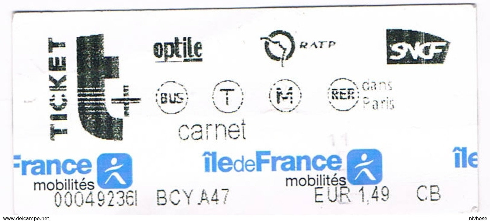 Titre De Transport Ticket Métropolitain PARIS  Novembre 2018 Mobilis Ile De France - Monde