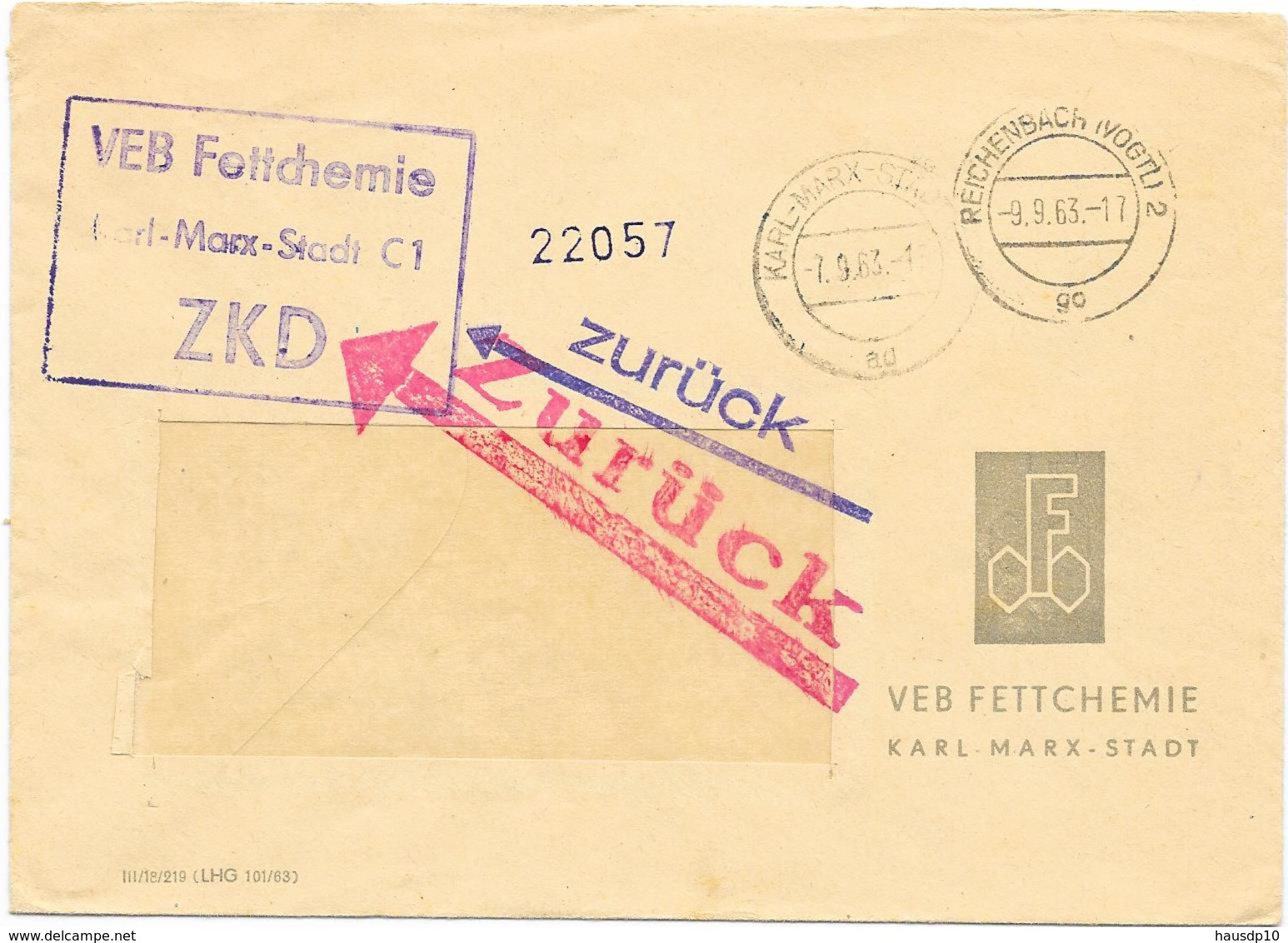 DDR ZKD 2x MdI Kontrolle 1963, VEB Fettchemie Zurück An Absender Empfäner Ist Kein Teilnehmer Am ZKD - Sonstige & Ohne Zuordnung