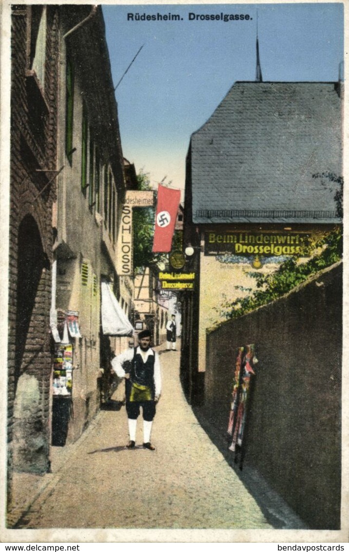 RÜDESHEIM Am Rhein, Drosselgasse Mit Flagge (1930s) AK - Ruedesheim A. Rh.