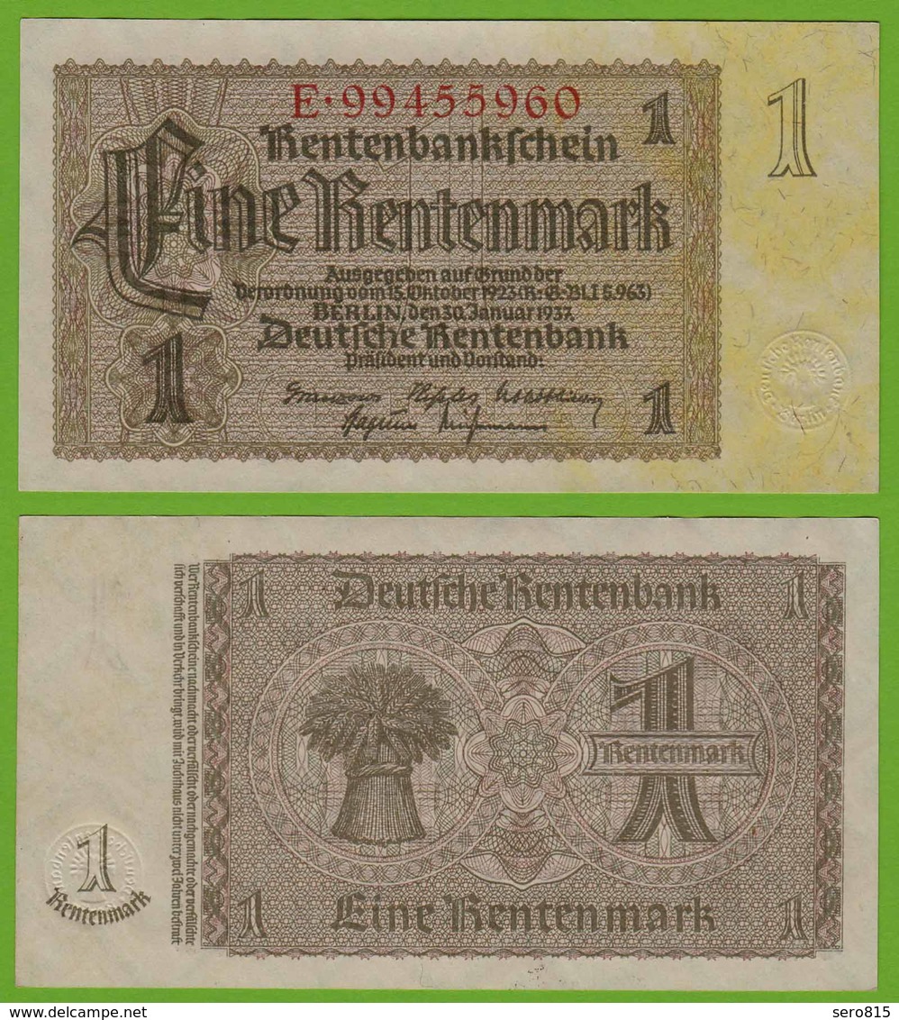 Rentenbankschein Deutsches Reich 1 Rentenmark 1937 Ros 166b  UNC   (19464 - Sonstige & Ohne Zuordnung