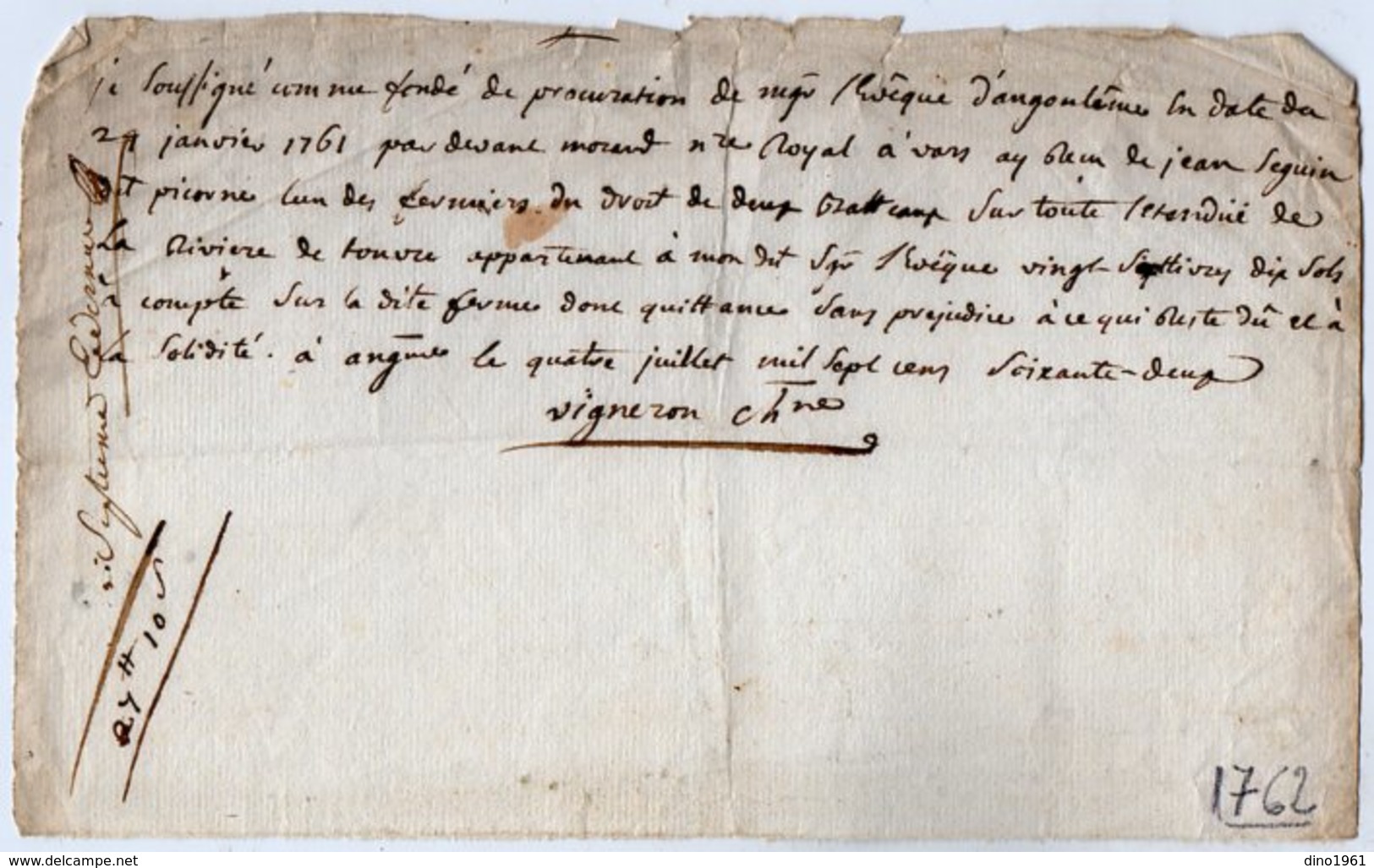 VP13.301 - VARS 1762 - Quittance - Mr Le Fondé De Procuration De Mgr L'Evêque D'ANGOULEME - Droit De Pêche SEGUIN - Manuscripts