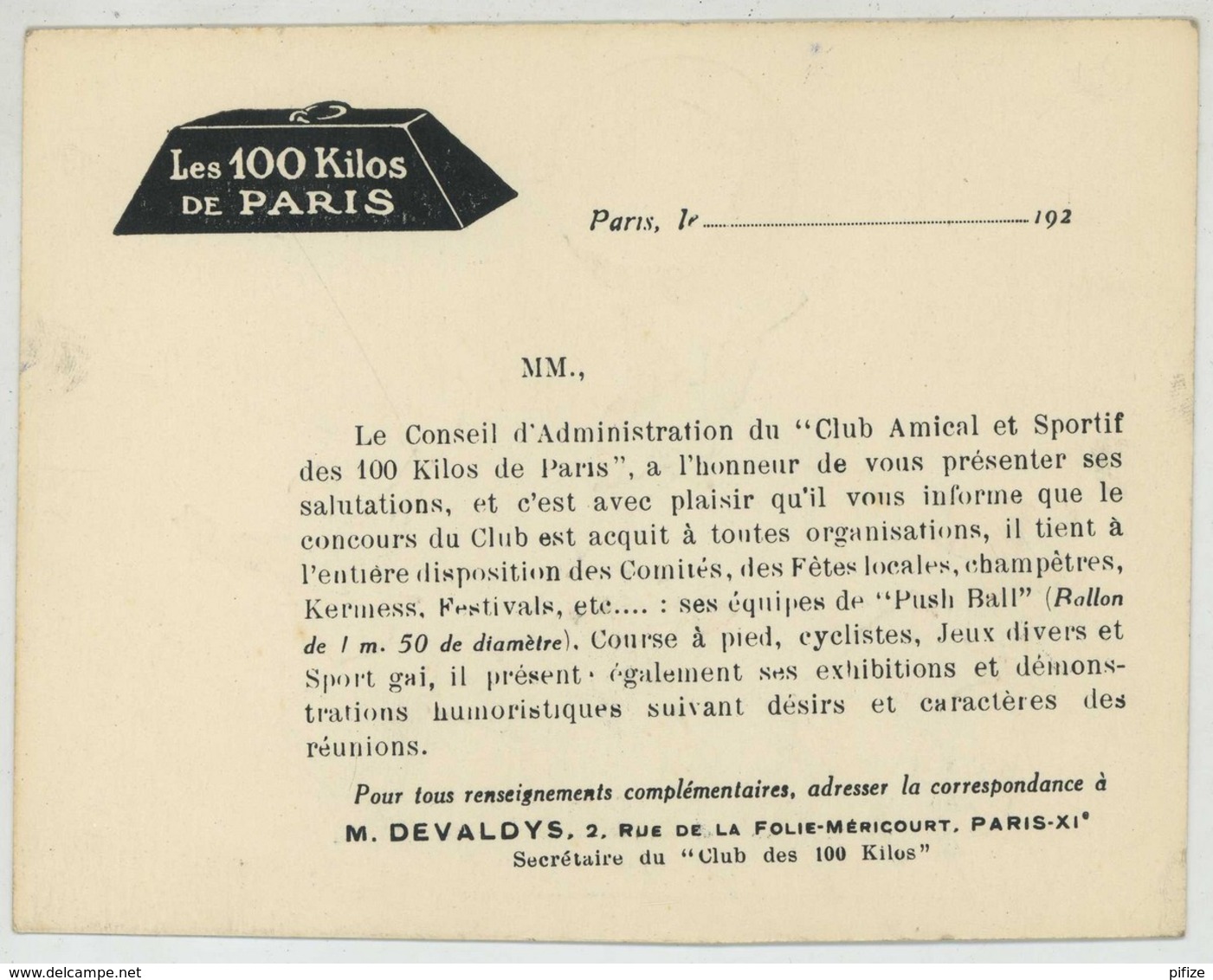 Faire-part Du Club Amical & Sportif Des 100 Kilos De Paris , 2 Rue De La Folie-Méricourt . Années 20 . Sport De Masse . - Autres & Non Classés