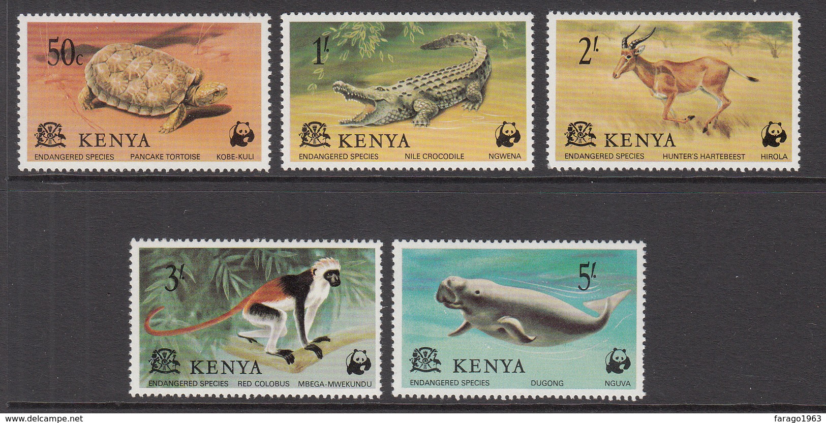 1977 Kenya WWF Endangered Animals, Tortoise, Crocodile, Hartebeest, Red Colobus, Dugong Set Of 5 MNH - Ongebruikt