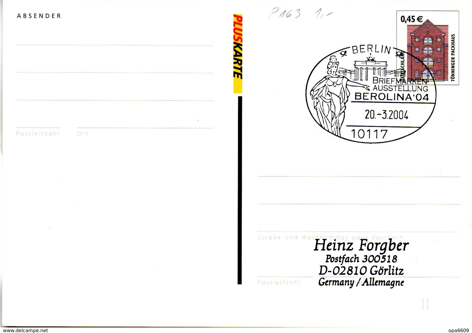 BRD Amtliche Ganzsachen-Postkarte P 163 WSt "Tönninger Packhaus" 45(C) Schwarz/rosa, SSt. 20.3.2004 BERLIN - Postkarten - Gebraucht