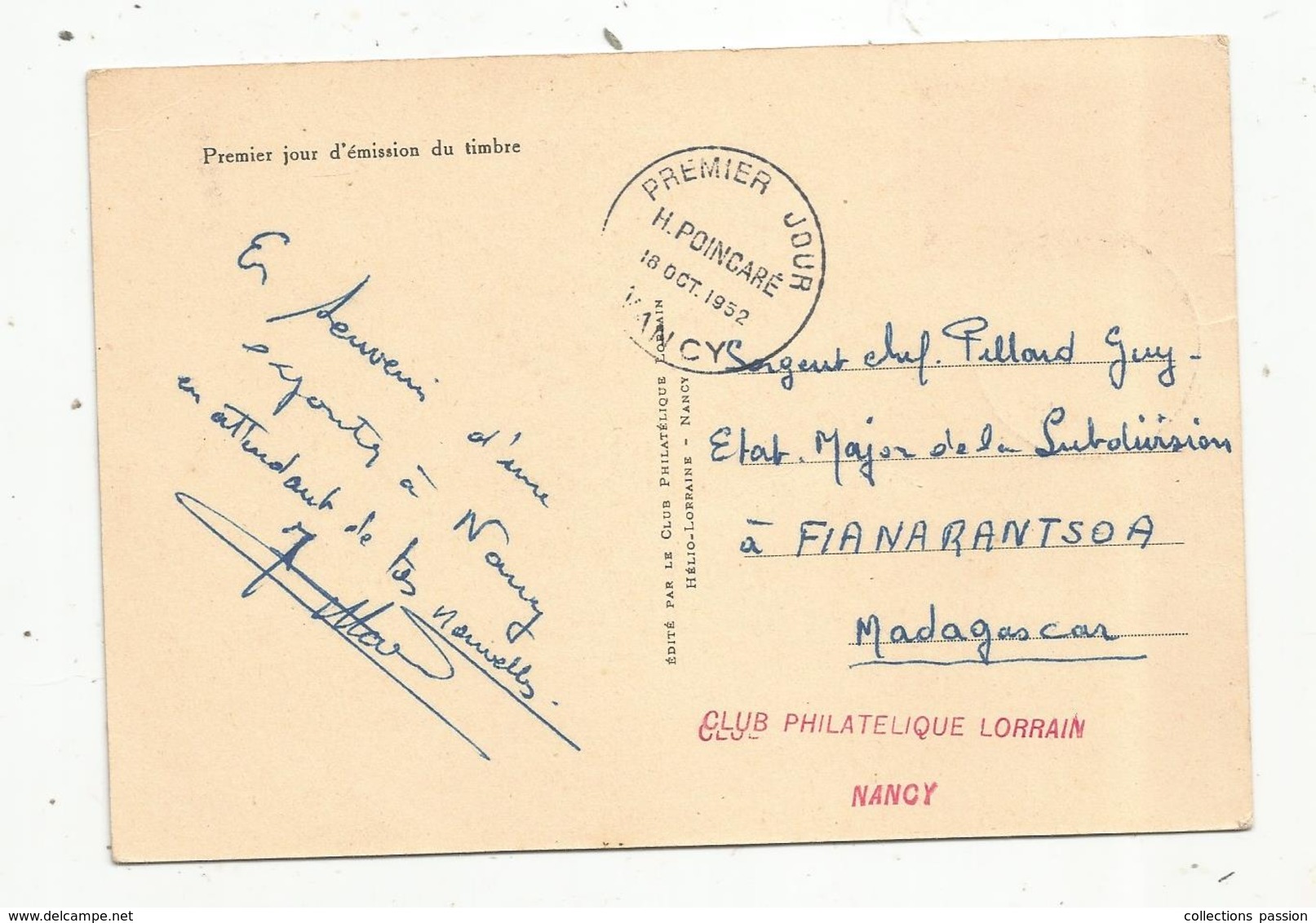 Carte Maximum , 18 Oct. 1952,Nancy , H. POINCARE ,premier Jour , 2scans - 1950-1959