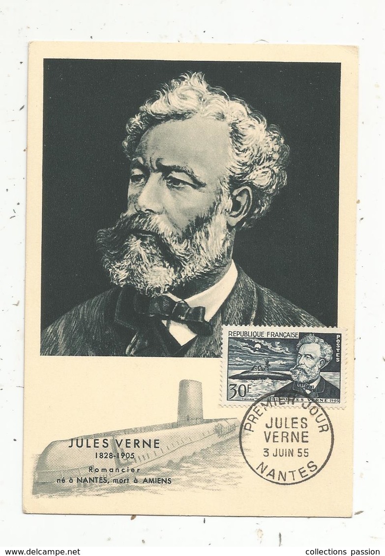 Carte Maximum , Premier Jour ,JULES VERNE ,3 Juin1955, NANTES , Sous Marin - 1950-1959