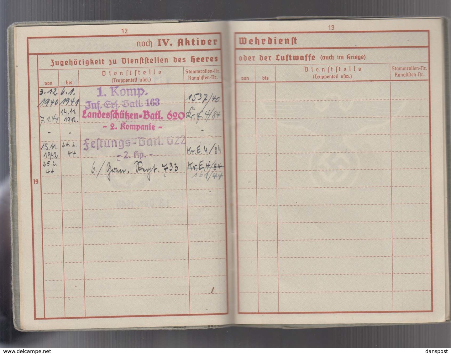 DR Wehrpass 2. WK Obergefreiter Kreta Malariakrank ausgestellt Frankfurt 16.04.1940 viele Einträge bis Okt 1944!