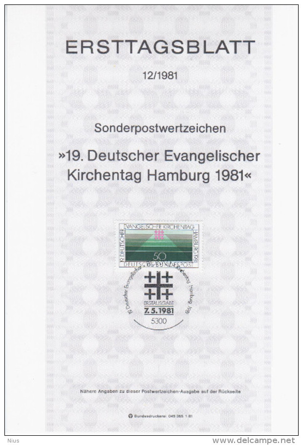 Germany Deutschland 1981-12 19. Deutscher Evangelischer Kirchentag Hamburg, First Day Sheet, Bonn - 1981-1990