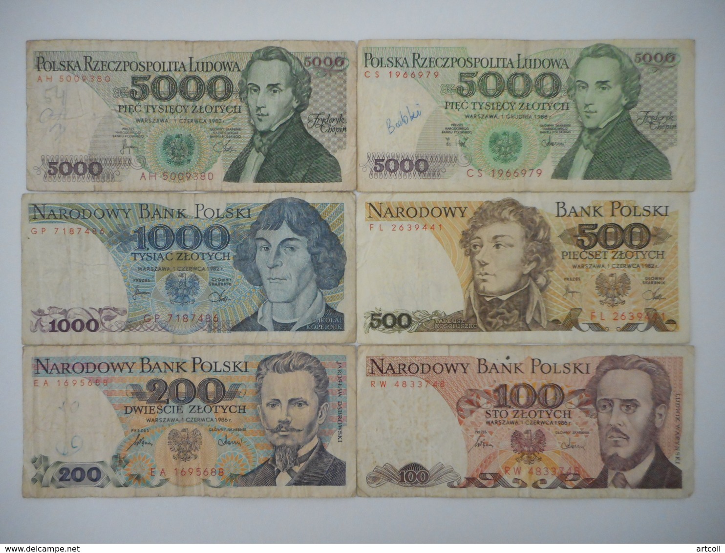 Poland 100,200,500,1000,5000 Zlotych 1982-1988 (Lot Of 6 Banknotes) - Poland