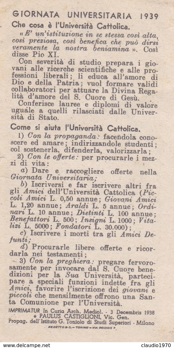 SANTINO - SACRO CUORE DI GESU' - ADVENIAT REGNUM TUUM - GIORNATA UNIVESITARIA 1939 - Santini