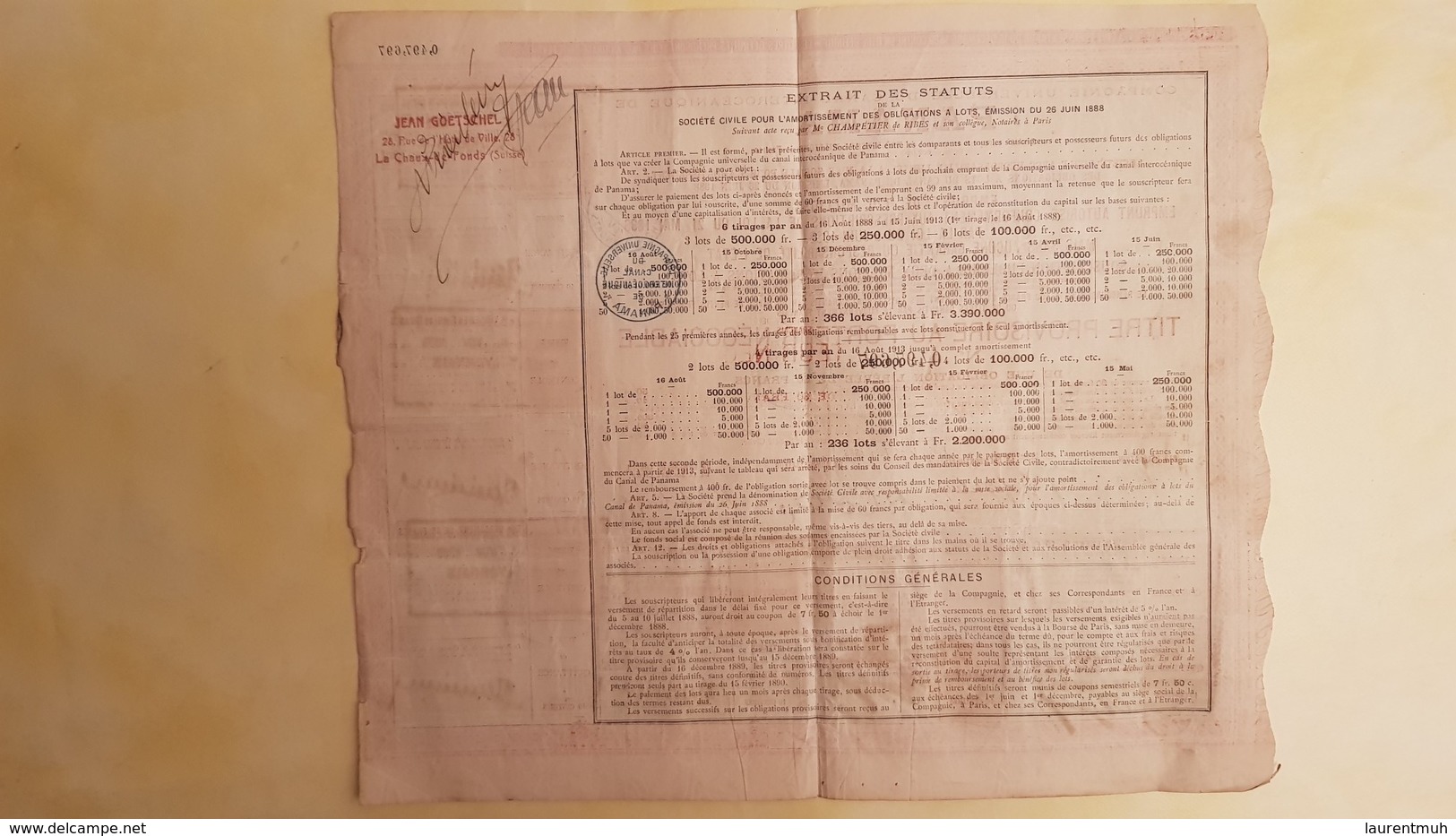 Panama - Titre Provisoire Au Porteur Négociable 1888 - 1 Obligation De 60 Francs - Bon état ( Voir Photos) - Autres & Non Classés