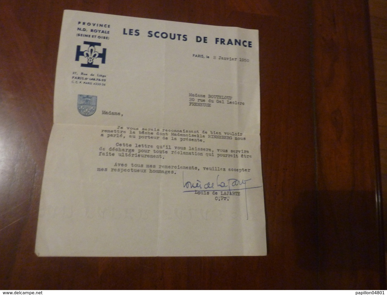LETTRE TAPUSCRITE SIGNEE LOUIS DE LAJARTE SCOUT SCOUTISME PROVINCE N.D. ROYALE 2/1/1950 LES SCOUTS DE FRANCE - Autres & Non Classés