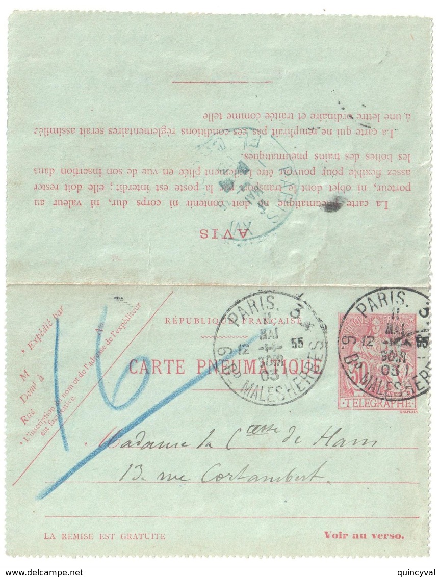 PARIS 3 B Malsherbes Ob 11 5 1903 Carte Lettre Entier Pneumatique 30c Chaplain Yv 2594 Storch A4 Dest Paris XVI - Pneumatische Post