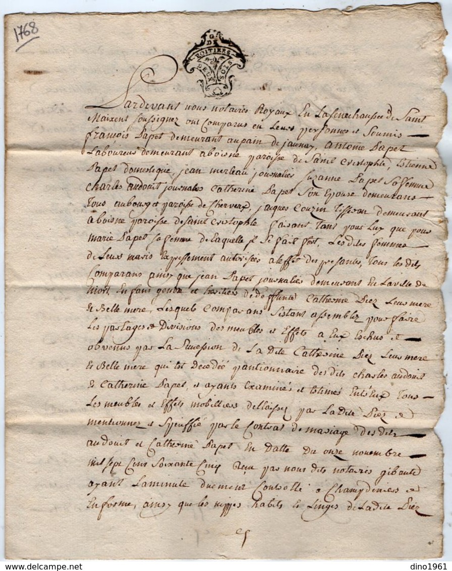 VP13.307 - Cachet Généralité De POITIERS - Acte De 1768 à Déchiffrer - Cachets Généralité