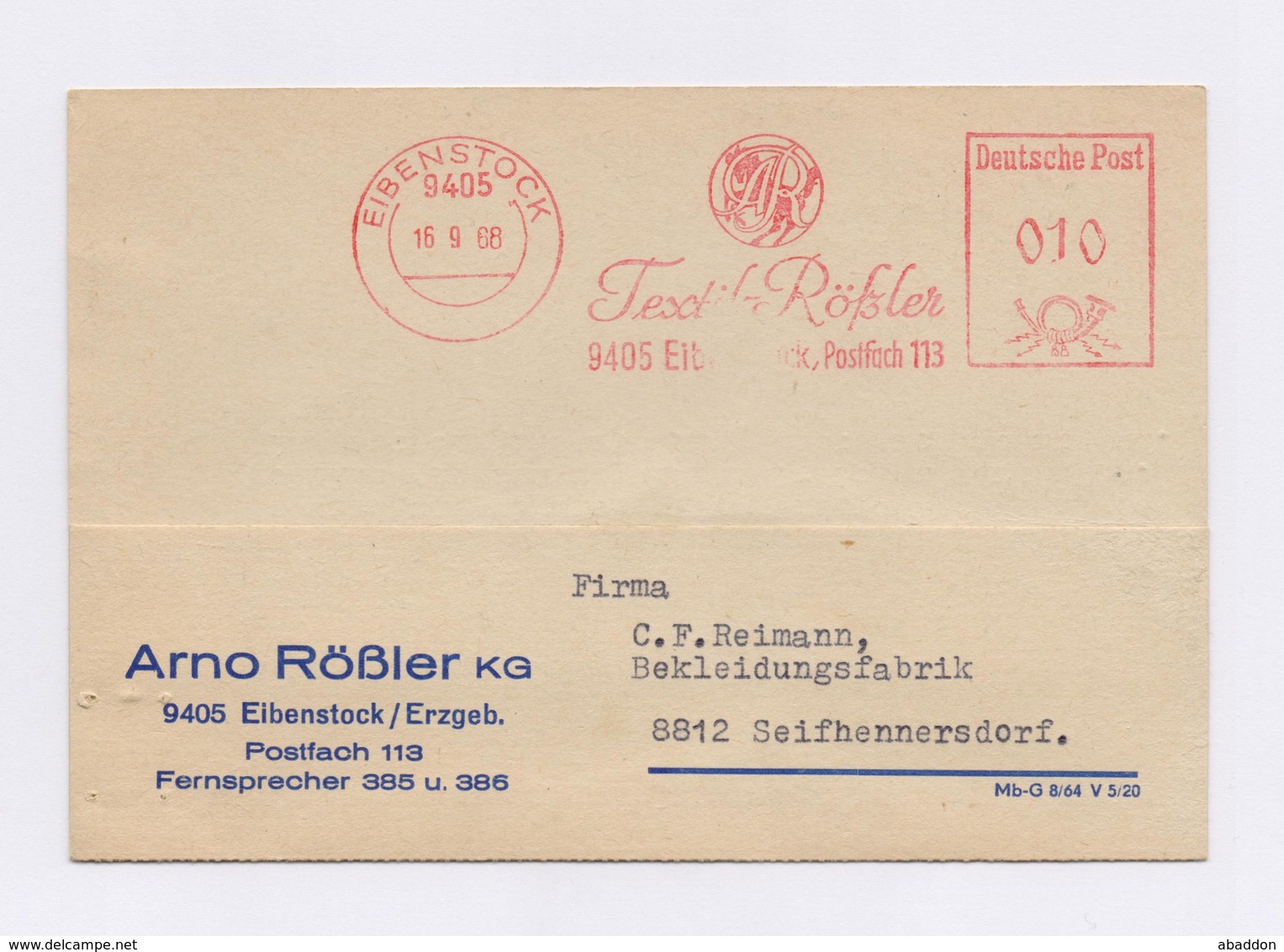 DDR AFS - EIBENSTOCK, Textil Rößler -10Pfg- 1968 Auf Firmenkarte - Maschinenstempel (EMA)