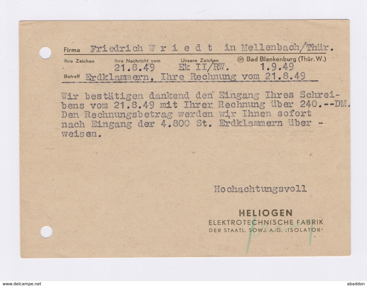 DDR AFS - BAD BLANKENBURG, Heliogen Elektrotechnische Fabrik -12Pfg- 1949 Auf Firmenkarte - Maschinenstempel (EMA)
