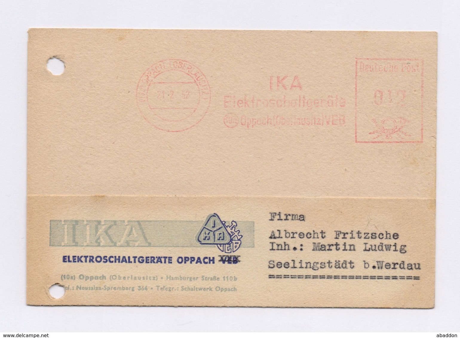 DDR AFS - OPPACH, IKA Elektroschaltgeräte 21.2.52 Auf Firmenkarte - Maschinenstempel (EMA)