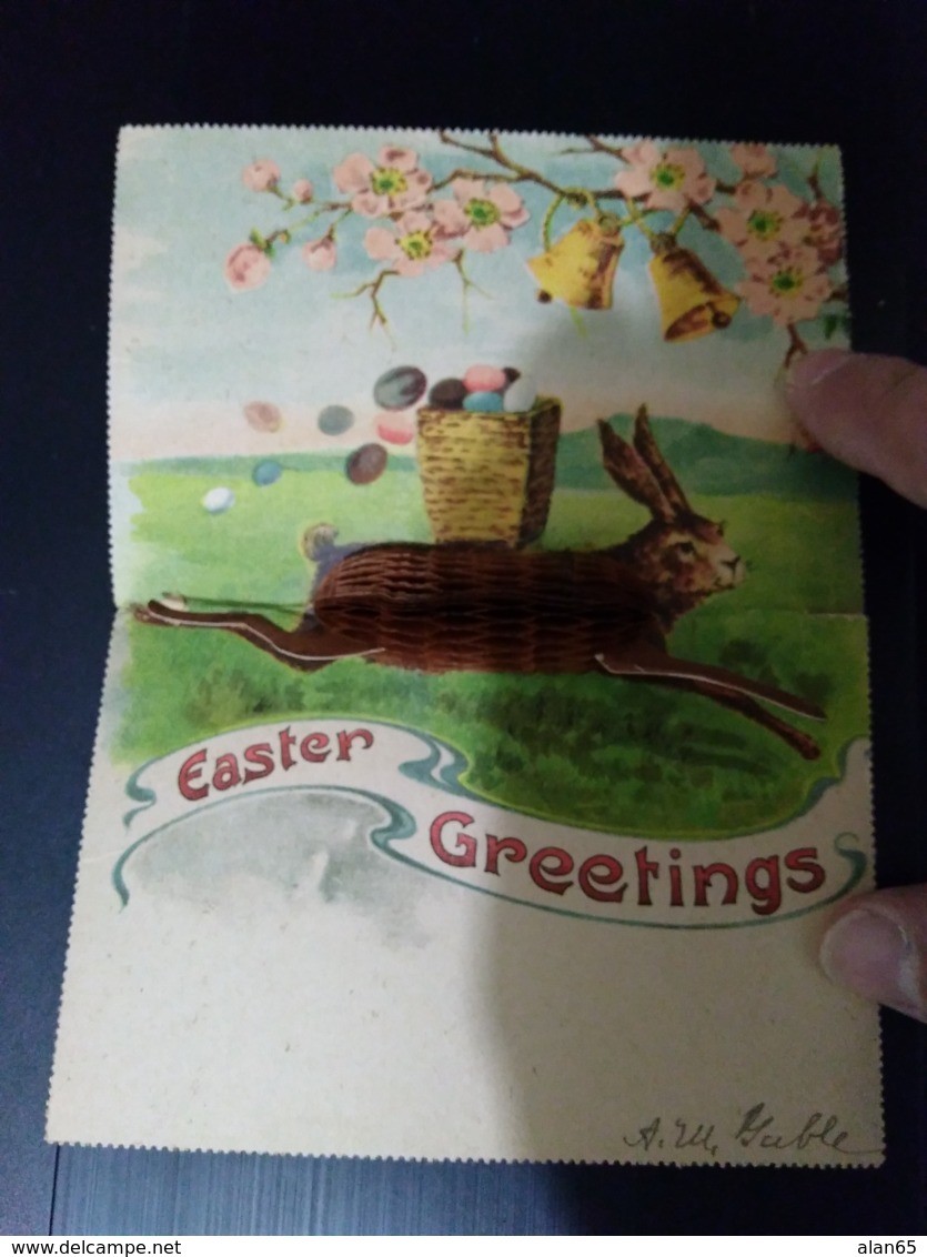 Fold-out Easter Greetings, Rabbit Crepe Paper 3-D When Unfolded, 1900s Vintage Postcard - Mechanical