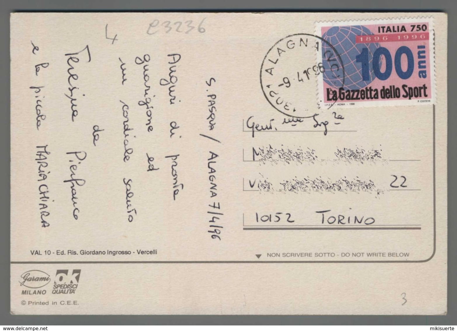 C3236 Italia Storia Postale Emissione 1996 GAZZETTA DELLO SPORT Lire 750 ISOLATO VALSESIA (m) - 1991-00: Storia Postale