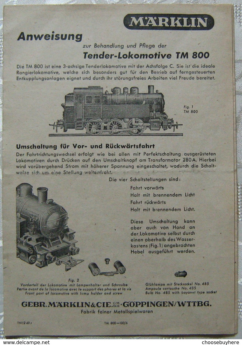 MÄRKLIN H0 Anleitung 1949 Tender Lokomotive TM 800 Mehrsprachig Waschzettel - Sonstige & Ohne Zuordnung