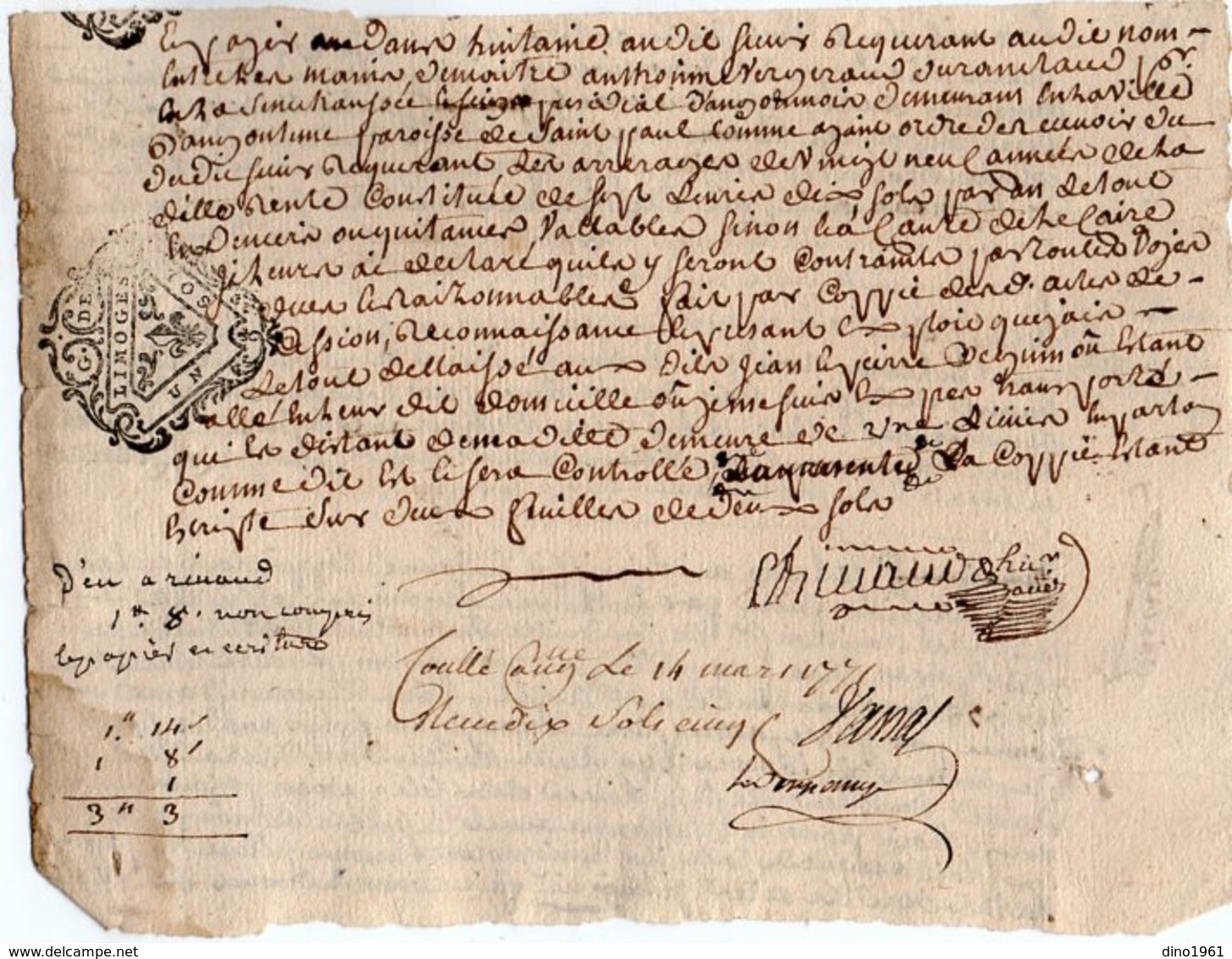 VP13.309 - Cachet Généralité De LIMOGES - COGNAC - RUELLE SUR TOUVRE - Acte De 1771 à Déchiffrer - Seals Of Generality