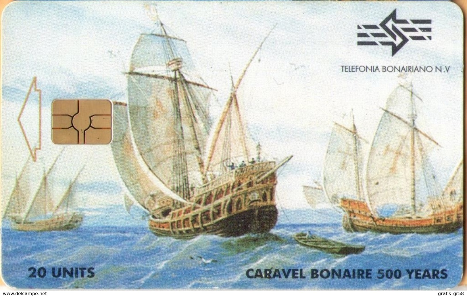 Antilles (Neth) - Bonaire, Telefonia Bonairano, Caravel Bonaire 500 Years, 20 Units, Sailing Ships, 2000, Used - Antille (Olandesi)