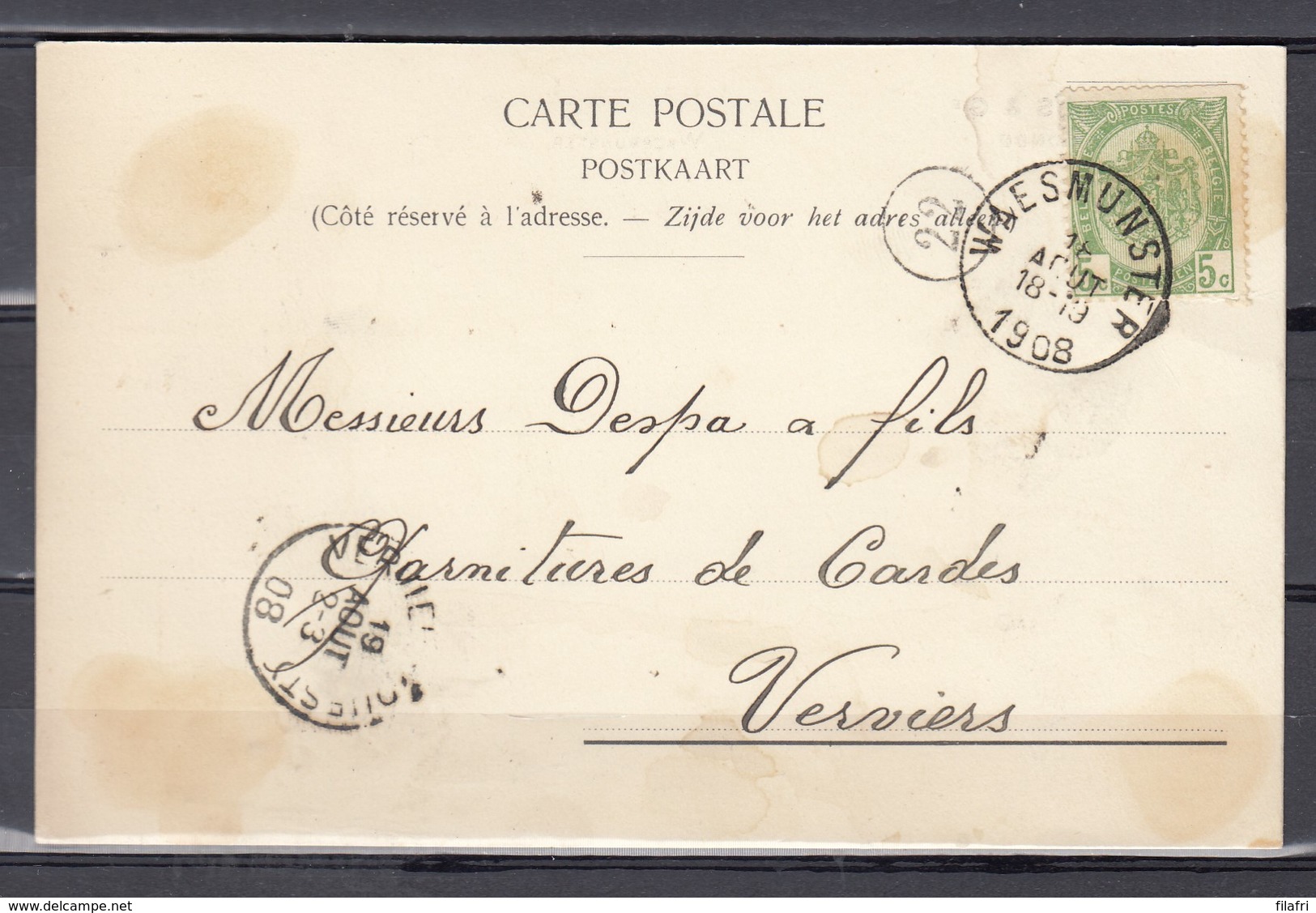 Nr 83 Op Postkaart Gestempeld Van Waesmunster Naar Verviers - 18 Aout 1908 - 1893-1907 Coat Of Arms