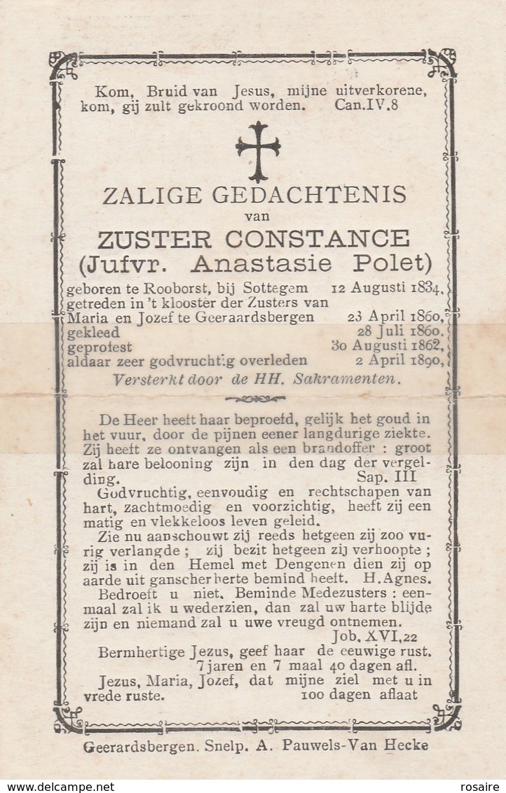 Rooborst 1834-zuster Anastasie Polet-klooster Geeraardsbergen 1890-vouw Versterkt-zie Scan - Images Religieuses