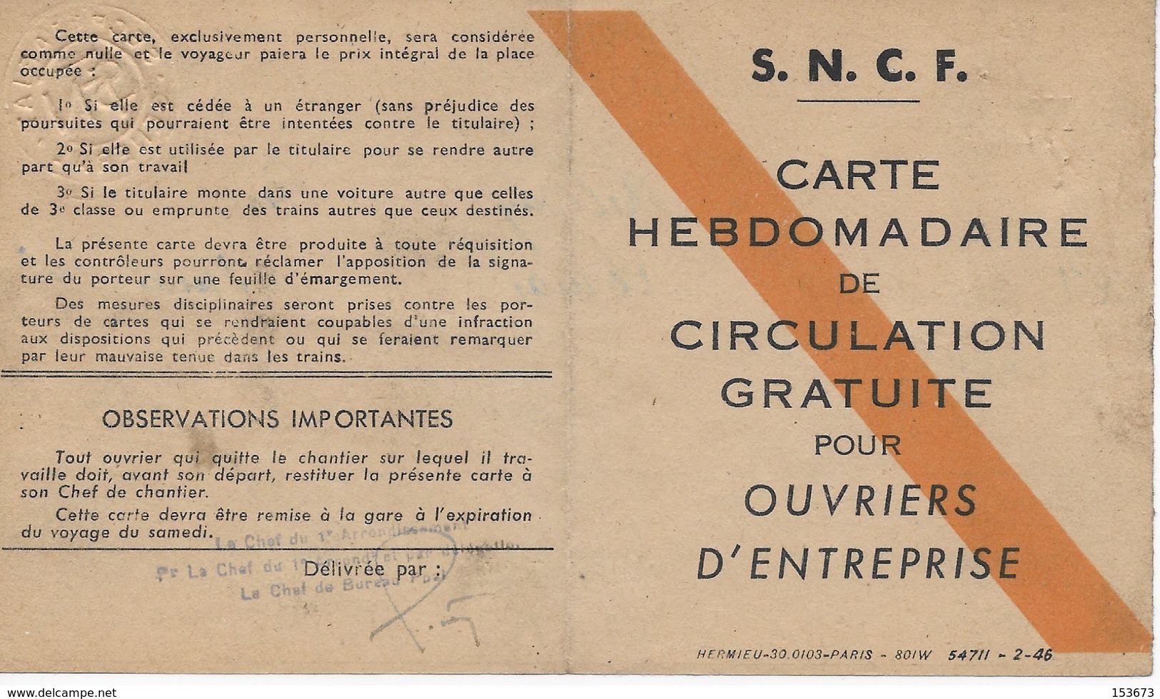 Carte Hebdomadaire Transport SNCF "Circulation Gratuite Pour Ouvriers"  Trajet Aller-Retour Brétigny-Paris 20 Au 25/5/46 - Other & Unclassified