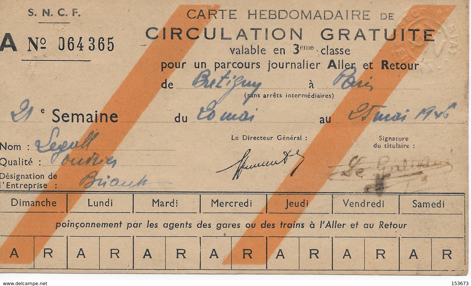 Carte Hebdomadaire Transport SNCF "Circulation Gratuite Pour Ouvriers"  Trajet Aller-Retour Brétigny-Paris 20 Au 25/5/46 - Other & Unclassified