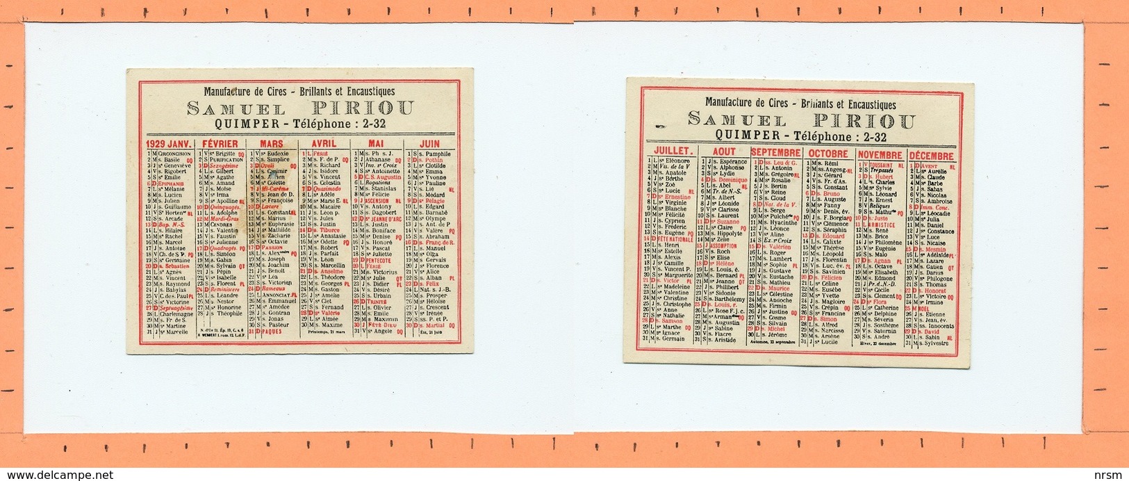 Calendrier 1929 / Quimper / Samuel PIRIOU - Petit Format : 1921-40