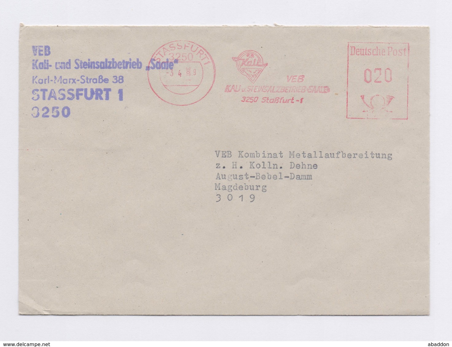 DDR AFS - STASSFURT, VEB Kali -u. Steinsalzbetrieb Saale -3.4.89 - Maschinenstempel (EMA)