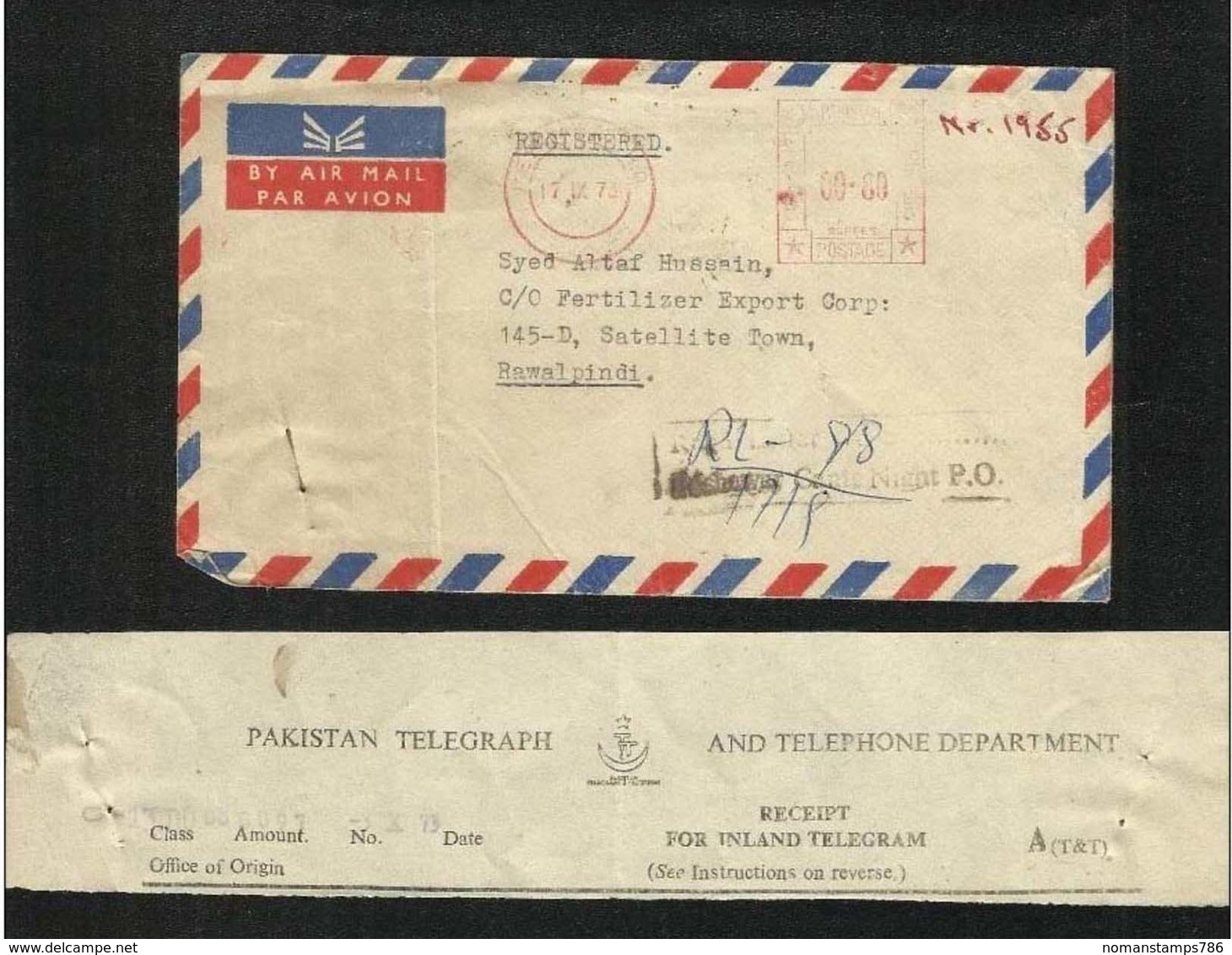 Pakistan 1973 Registered Meter Mark Postal Used Cover With Telegraph Receipt - Pakistan