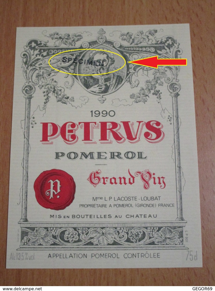 ETIQUETTE DE VIN "SPECIMEN" POMEROL PETRUS 1990 - Bordeaux