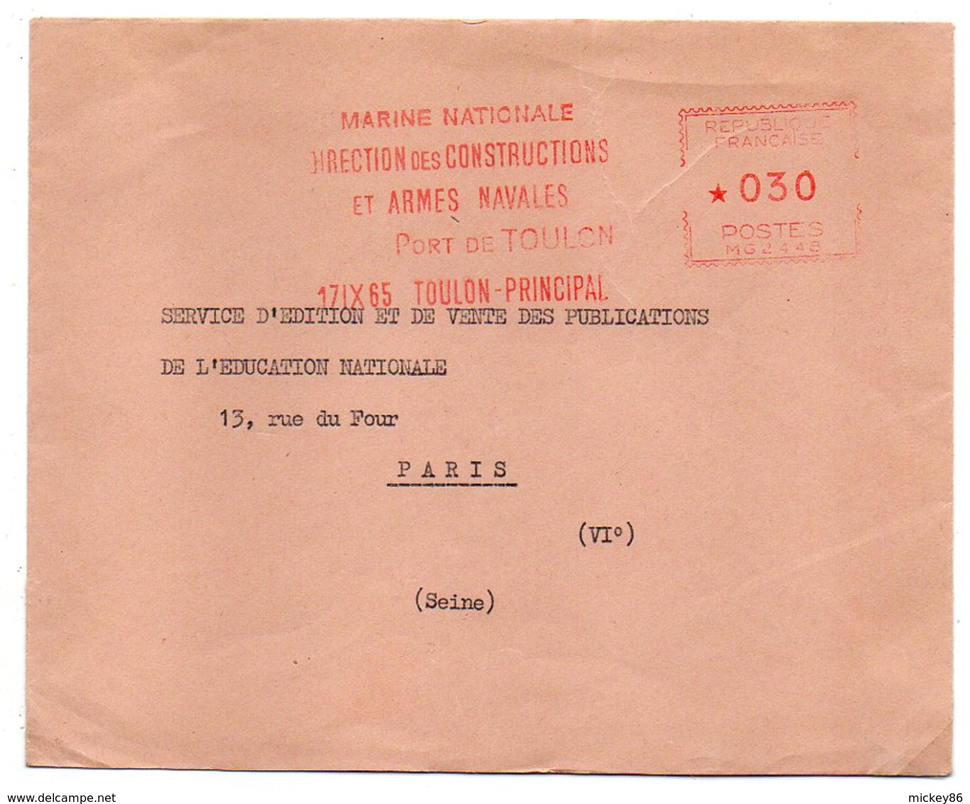 1965--EMA Marine Nationale-Direction Des Constructions Et Armes Navales --Port De TOULON--Lettre Pour PARIS 6°-- - EMA (Empreintes Machines à Affranchir)